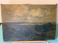 Full view of the oil on canvas landscape painting depicting a cloudy sky over fields and vegetation.
