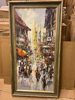 Full framed oil painting showing an impressionistic urban street scene with pedestrians and buildings.