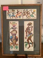 Framed set of three stylized postcards depicting Jamaican or Bahamian cultural scenes with dancers and musicians.