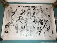 Full view of the black and white 'Live From The Met' Hirschfeld poster showing detailed caricature drawings of opera performers and the title at the top.