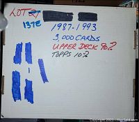 Photo of the box containing around 3,000 baseball cards from 1987 to 1993 with mostly Upper Deck cards and some Topps cards.