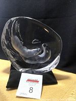 Front view of the clear heavy crystal glass sculpture showing two otters inside the glass, signed by artist.