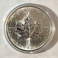 Reverse side showing raised Maple Leaf design with inscriptions CANADA, FINE SILVER 1 OZ ARGENT PUR and purity 9999