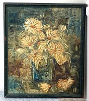 Straight-on view of the framed oil painting showing the flowers in vase in thick textured impasto paint with a worn black frame.