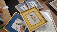 Framed art prints showing birds and floral themes with gold and blue frames arranged on table.