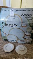 Box showing Sango Georgetown 49 piece translucent china service for 8, pattern 8455.