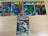 Front view of all six Incredible Hulk comic books including issues 370, 375, 381, 389, Annual 15 and a Grey Hulk variant.