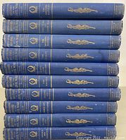 Spines of all ten volumes laid flat showing series title, volume numbers, and subtitles