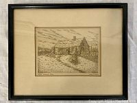 Full view of framed etching showing overall composition and condition.