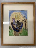 Framed abstract painting depicting a man and cat under a sun with green landscape, signed H. Stein.