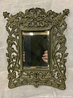 Full view of antique bronze framed mirror showing ornate cast foliage design and full mirror glass.