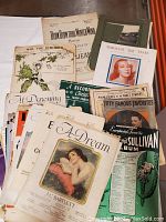 Top view of vintage sheet music and music books including titles and artworks