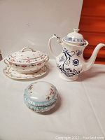 Set shown includes Royal Chester covered compote bowl with plate, J&G Meakin Blue Nordic pitcher, and Marx & Gutherz hand painted trinket box.