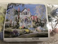 Pre-printed canvas showing house scene with 3 paint brushes and acrylic paint pots in plastic packaging