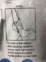Instruction diagram showing neck hammock in use with pillow supporting the neck and straps attached above.