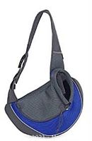 Blue and grey pet sling carrier with adjustable strap, ergonomic mesh material design.