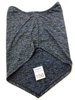 Gray-black fabric neck warmer laid flat, showing triangular front bottom cut and soft texture