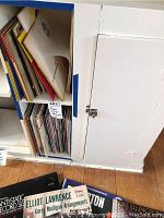 White cabinet shelf holding multiple LP jackets and record sleeves