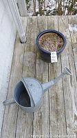 Blue ceramic planter filled with dried plant remains and galvanized metal watering can on wooden deck.