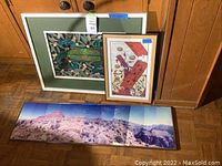 Three framed art pieces arranged on floor: cloisonné gecko art, abstract print, panoramic canyon lithograph.