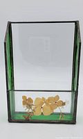 Front view of glass letter holder showing clear glass front panel with pressed flowers at bottom and green stained glass sides framed in metal.