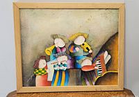 Full view of framed Joyce Roybal painting showing six whimsical musicians grouped together playing different instruments.