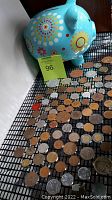 Coins spread out on a wire shelf with blue piggy bank nearby, showing diversity in coin sizes and materials.