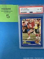 Front of 1989 Score Joe Montana football card, showing player in action pose wearing San Francisco 49ers uniform, PSA grade label visible in holder.