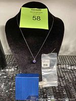 Pendant necklace displayed on a black velvet bust with original blue gift box and tag bag placed in front.