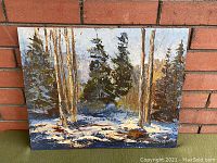 Frontal view of the oil painting showing the winter forest scene with snow and trees.