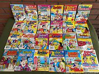 Full view of 22 vintage Archie comic digests arranged in four rows showing front covers with colorful classic cartoon character illustrations.