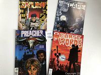 Four comic books arranged in two rows featuring covers of Samurai #13, The Cape #1, Preacher #8, and Curse Words #9.