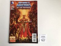 Front view of the comic book He-Man and the Masters of the Universe issue 18 featuring a warrior woman with a sword and beasts around her, publisher DC Comics, issue info on top left.