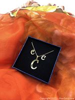 Photo showing the necklace and earrings shaped as the letter 'C' inside a dark blue jewelry box with orange and yellow fabric background.