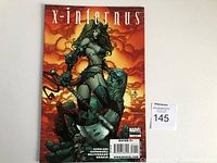 Front cover of the Marvel comic book X-Infernus #1. Shows female warrior on damaged statues with orange cloudy background. Includes Marvel logo and rating T+.