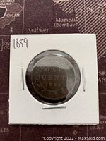 Front side of the 1859 Canadian Large One Cent coin showing 'ONE CENT 1859' with maple wreath design, housed in a white cardboard coin holder.