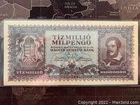 Front side of the 1946 Hungary 10 Million Milpengo banknote showing detailed portrait and classical figures.