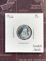 Front side of the 1966 Canadian 10 cents coin showing the Bluenose schooner design, labeled as silver and proof-like condition.