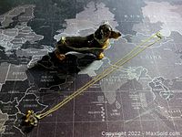 Photo showing the metal dog jewelry box and gold-tone necklace with dog pendant laid out on a map background.