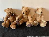 Three teddy bears sitting side by side showing their colors and sizes