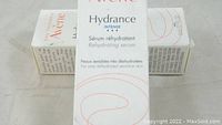Front view of one box of Avène Hydrance Intense Rehydrating Serum showing product title, brand and description.