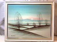 Full view of the large winter landscape oil painting on canvas, framed