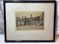 Full view of the matted and framed vintage art print featuring an old court scene in black and white by artist Ethel M Burchill.