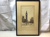 Full view of framed etching artwork depicting Big Ben and surrounding buildings with bridge and river scene.