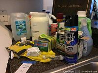 Overview of various kitchen cleaning and pest control supplies including gloves, brushes, large container, and insecticide sprays, arranged on countertop.