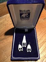 Three-piece Indigenous jewelry set in a blue velvet-lined original branded presentation box labeled Iqaluit Sanavikat Eskimo Arts from Nunavut.
