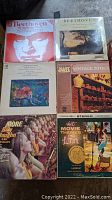 Six album covers including Beethoven Symphony No.5, Horn Trios, abstract painting LP, Disney Vintage Stock, Billy Vaughn More, Hit Movie Themes in Latin
