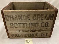 Front view of wooden crate with stencil text showing company name and address.