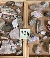 Wide view of multiple mineral rocks arranged on two wooden trays with a label '124' in the center