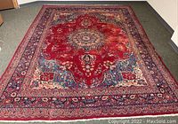 Full view of the oriental area rug laid flat on the floor, showing overall pattern and colors.